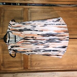 PerSeption Concepts sleveless blouse in cream, browns, grey, and black. Size L.